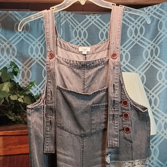 Gray Paisley Distressed Crop Denim Dungarees Bib Overall Jumper Oversized Lg - Picture 2 of 12